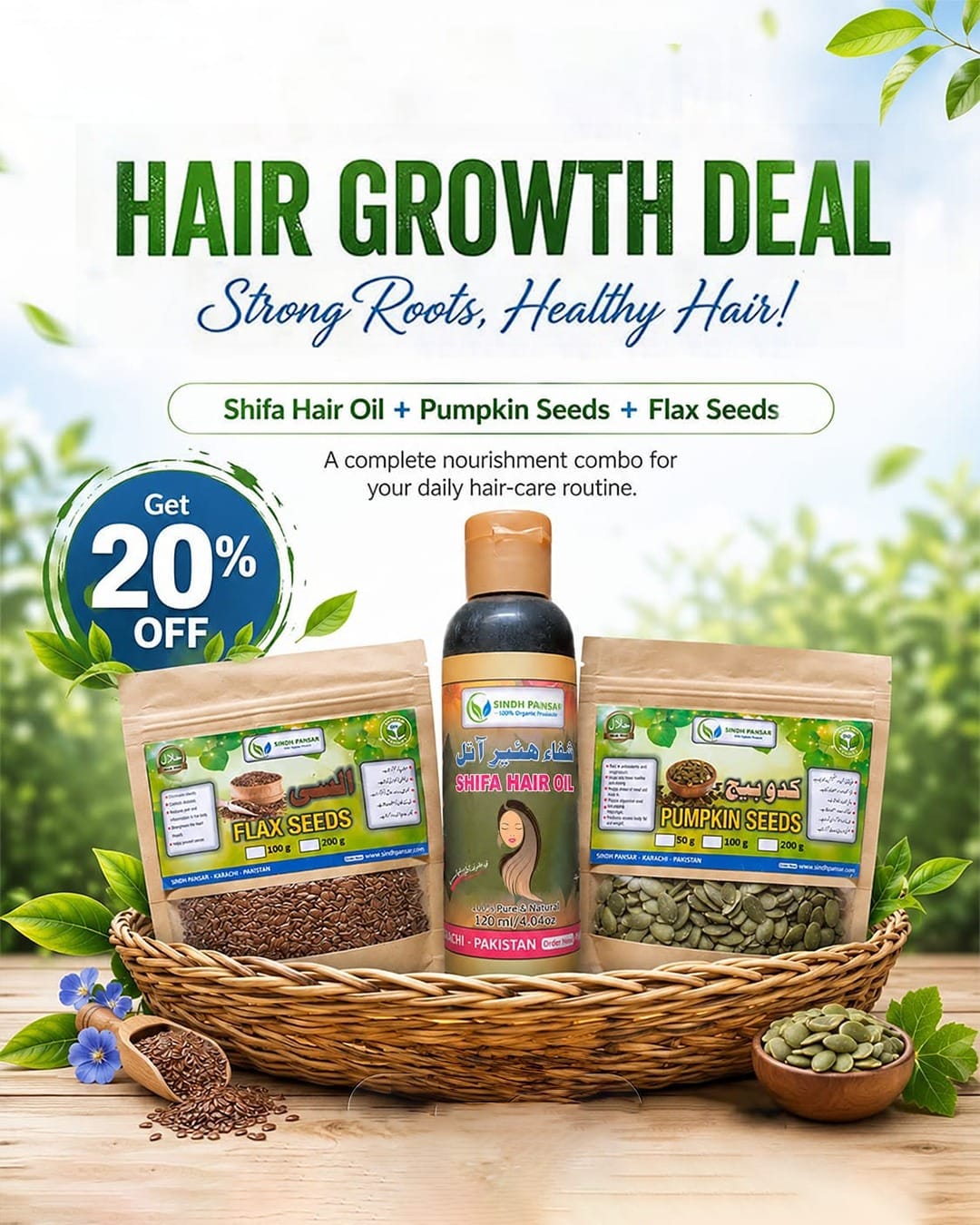 Hair Growth Deal – Shifa Hair Oil + Pumpkin Seeds + Flax Seeds Combo